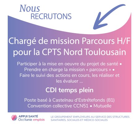 Le Groupement d’Employeurs Appui Santé Occitanie Emplois recherche un/e chargé(e) de mission de parcours pour la CPTS Nord Est Toulousain